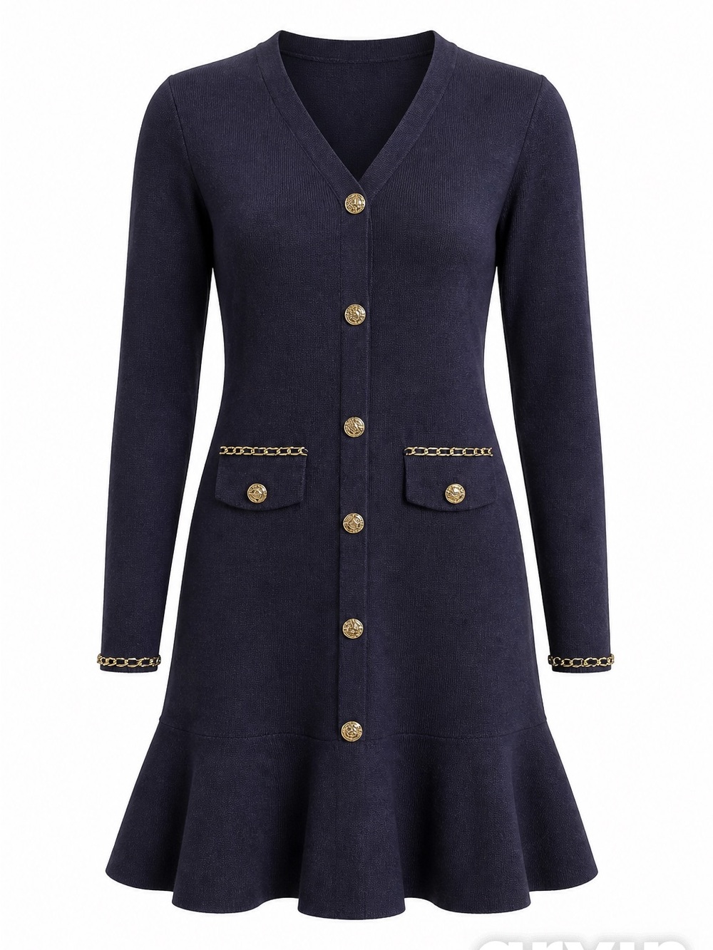 Fashion Nova Navy Long-Sleeve Button Front Knit Dress